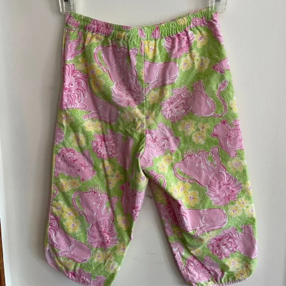 LILLY PULITZER Lion Cub Loungin' Lions  Pink Green Elastic Waist Pants G…